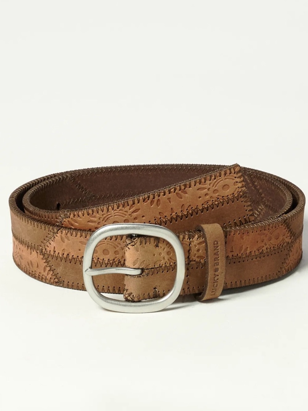 Lucky Brand Leather Patchwork Belt Brown Tooled Stitched Silver Buckle EUC